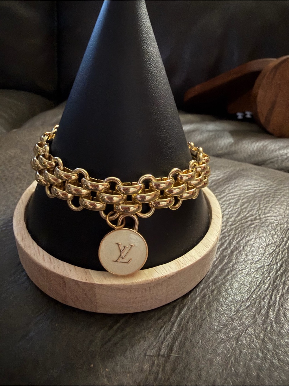 Gold-Tone Chain Bracelet with White Enamel Upcycled Charm
